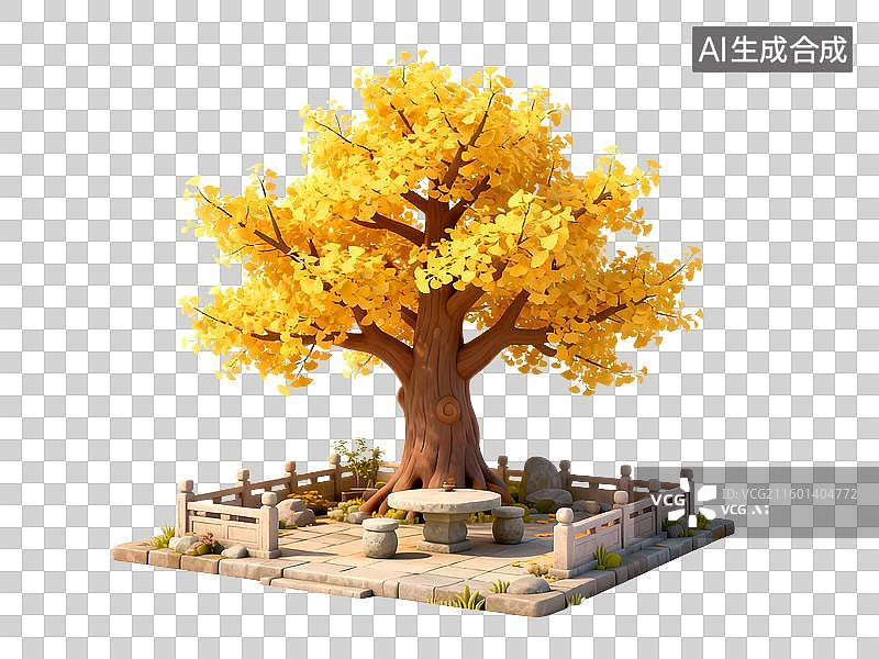 【AI数字艺术】秋日金黄银杏树下的休憩场景图片素材