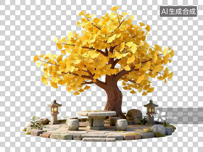 【AI数字艺术】金秋银杏树下的宁静景致图片素材