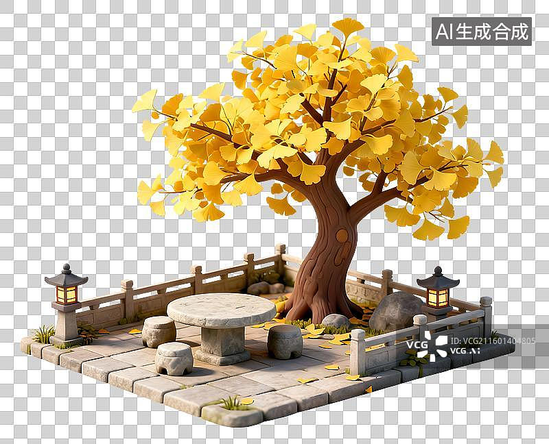【AI数字艺术】秋日银杏树下的宁静石桌图片素材