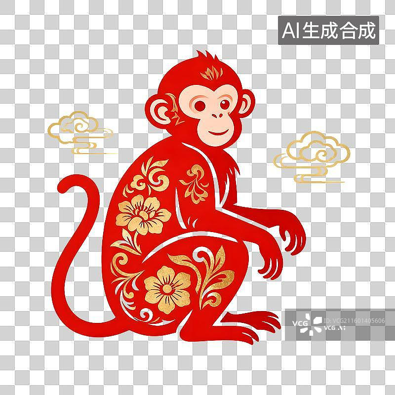 【AI数字艺术】红色剪纸风格带花纹猴子图片素材