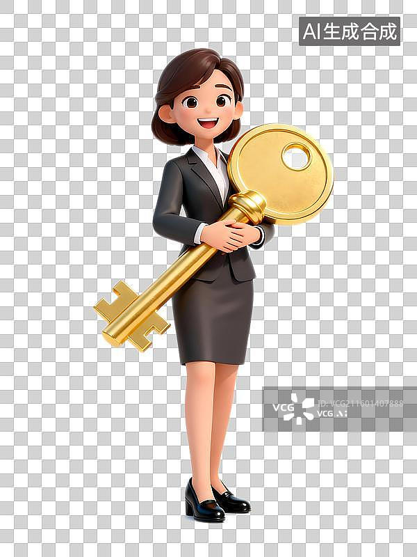 【AI数字艺术】3D可爱的套装白领女性拿着巨大的金钥匙获得成功解决问题晋升的机会图片素材