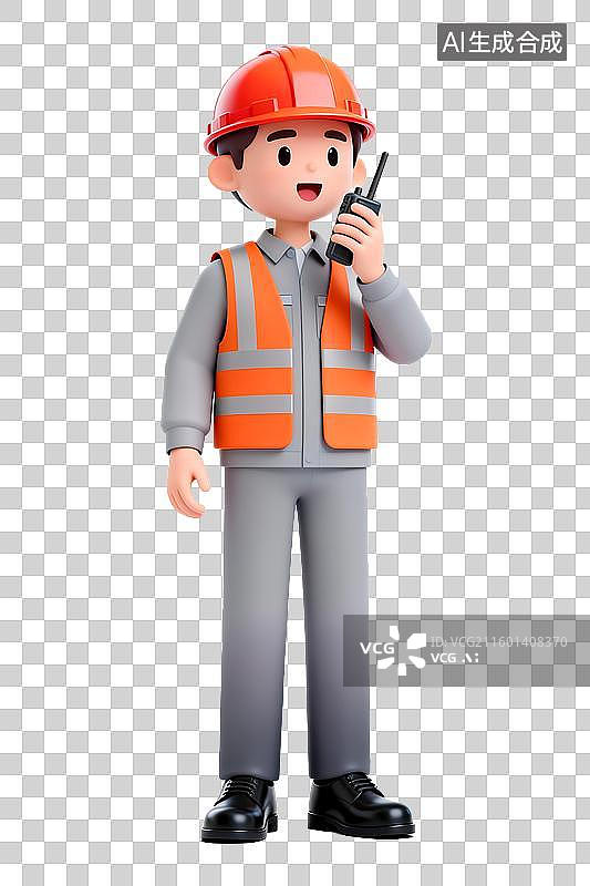 【AI数字艺术】3D可爱的建筑工人，安全，安全帽，制服，工程，对讲机图标图片素材