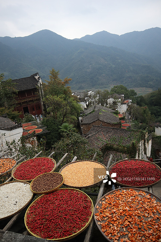 青山环绕古村落，绿水映照白墙间图片素材