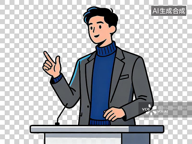 【AI数字艺术】灰色西装蓝色高领 演讲者强调手势 扁平化矢量插画 免抠素材图片素材