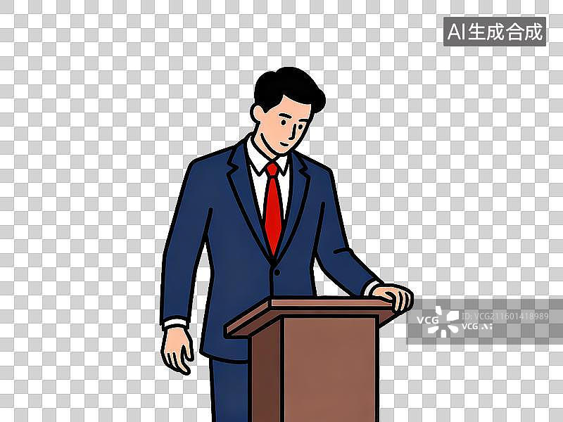 【AI数字艺术】深蓝色西装红色领带 讲台演讲者 扁平化插画 免抠素材图片素材