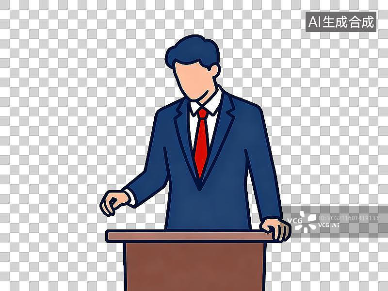 【AI数字艺术】深蓝色西装红色领带 讲台演讲者 扁平化插画 免抠素材图片素材