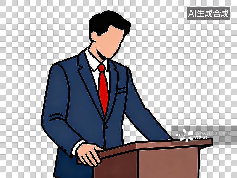 【AI数字艺术】深蓝色西装红色领带 讲台演讲者 扁平化插画 免抠素材图片素材