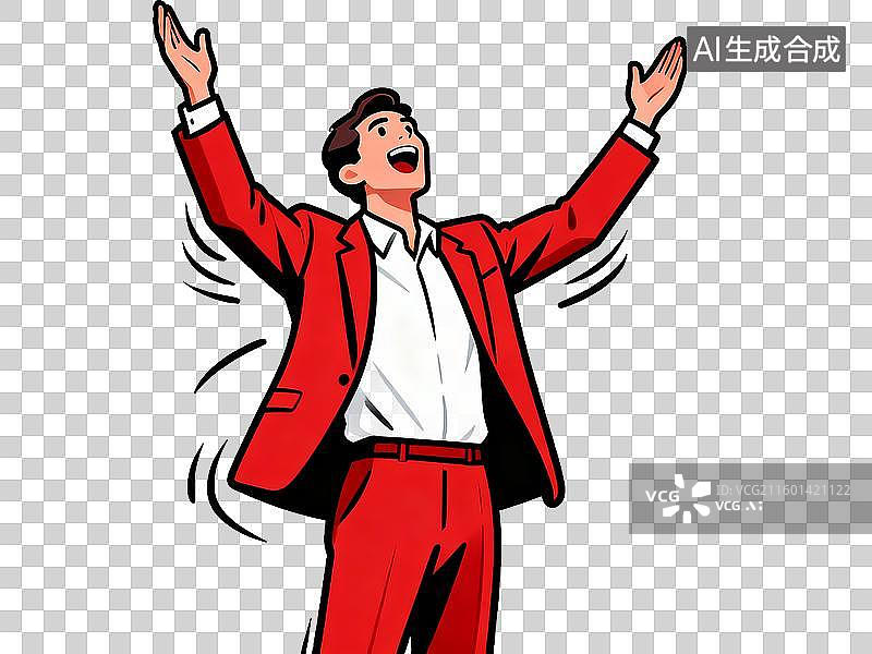 【AI数字艺术】红色西装 激情演讲者双手高举 扁平化矢量插画 免抠素材图片素材