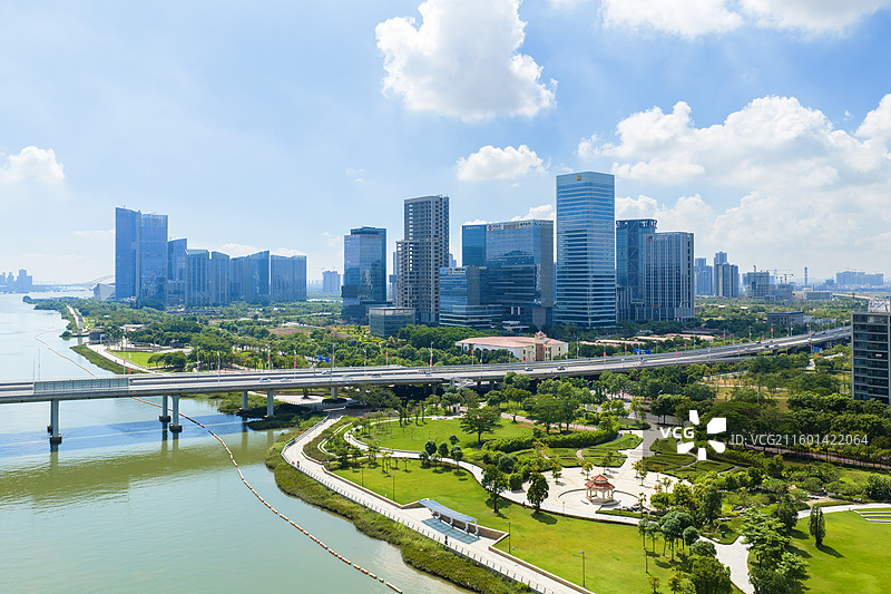 广州市南沙区明珠湾灵山岛尖CBD城市风光、凤凰一桥、蕉门水道图片素材