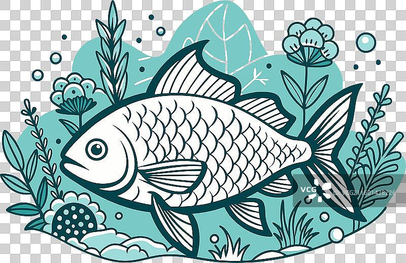 河里的鲷鱼和植物剪影图片素材