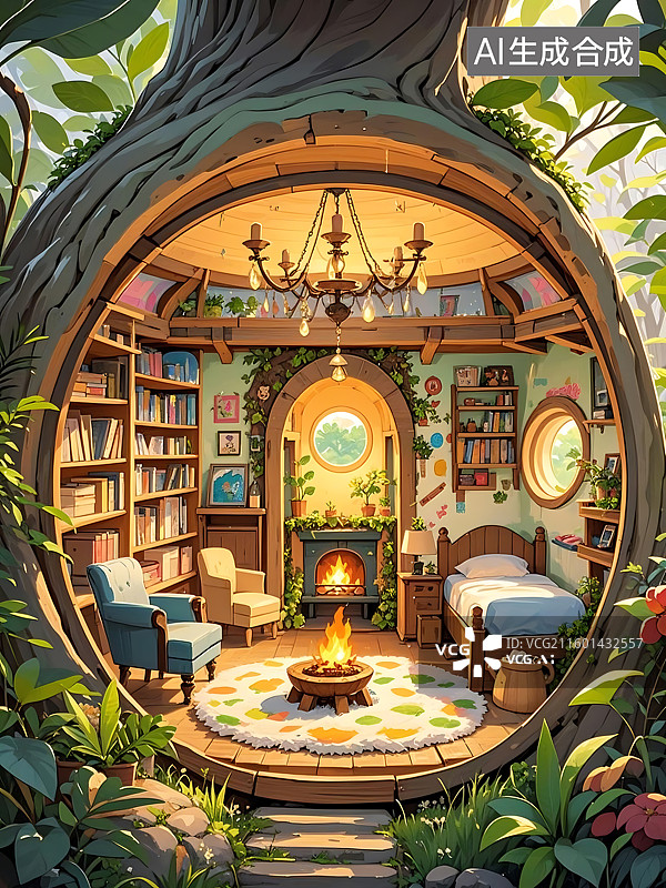 【AI数字艺术】树洞里的温馨小屋图片素材