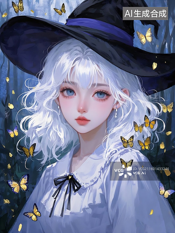 【AI数字艺术】戴着巫师帽的白发少女与蝴蝶共舞图片素材
