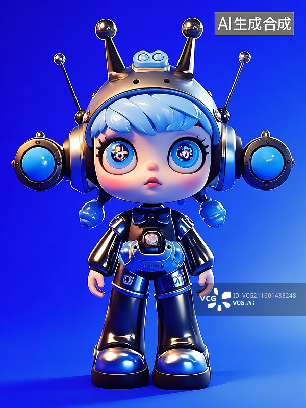 【AI数字艺术】未来科技娃娃形象，戴着耳机和头盔，蓝色的背景图片素材