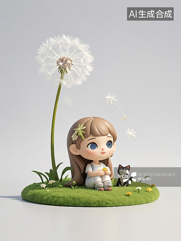 【AI数字艺术】可爱卡通女孩与小猫在蒲公英草地上嬉戏图片素材