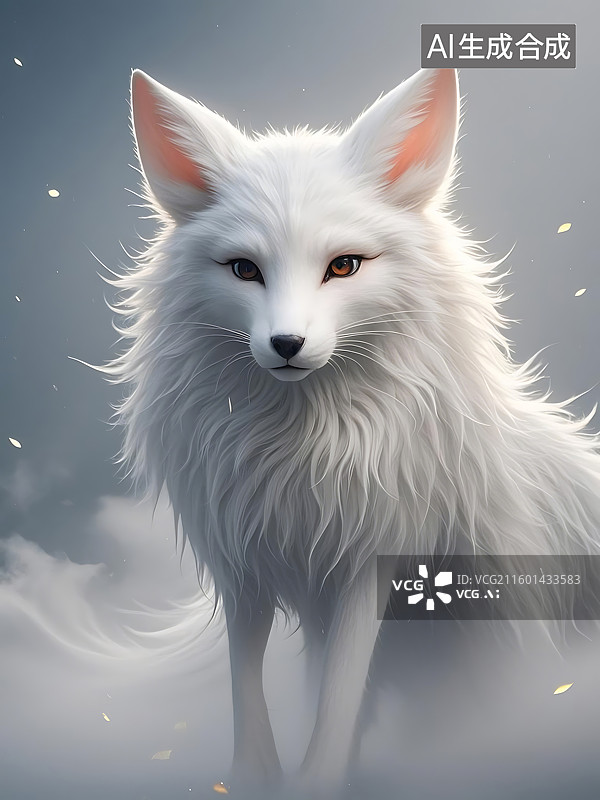 【AI数字艺术】雪白的狐狸凝视着你，眼神深邃而充满灵气图片素材