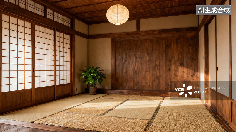 【AI数字艺术】传统简约雅致的木质门窗榻榻米绿植日式空间图片素材