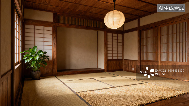 【AI数字艺术】传统简约雅致的木质门窗榻榻米绿植日式空间图片素材