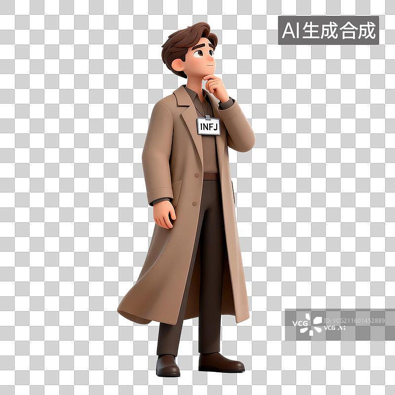 【AI数字艺术】穿着长外套沉思的3D人物图片素材