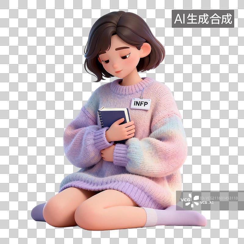 【AI数字艺术】穿着柔和毛衣的女孩阅读图片素材