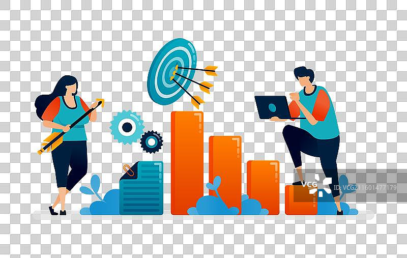 上升的图表和箭头击中飞镖靶的商业图片素材