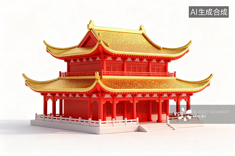 【AI数字艺术】中国风红金配色古建筑模型图片素材