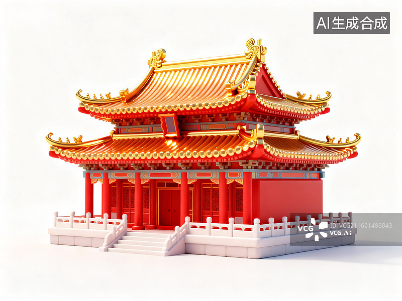 【AI数字艺术】中国风红金配色古建筑模型图片素材