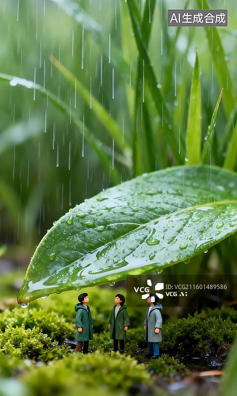 【AI数字艺术】春天下雨人物在户外游玩草丛青苔雨水节气三维图图片素材
