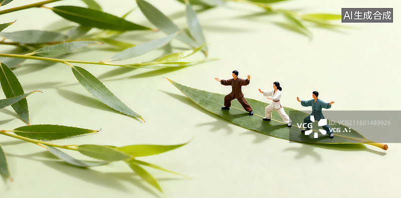【AI数字艺术】夏天三个人在柳叶上打太极柳树立夏节气三维图图片素材