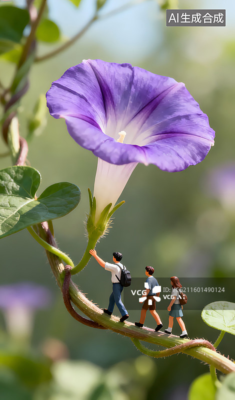 【AI数字艺术】夏天三个人走在牵牛花的藤蔓上芒种节气三维图图片素材