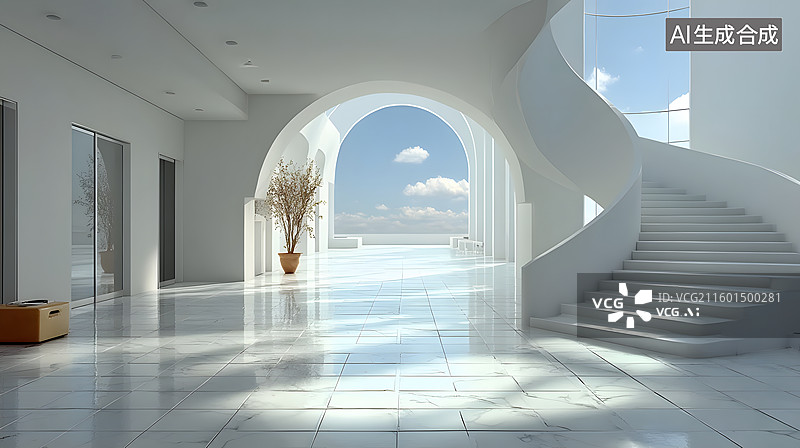 【AI数字艺术】白色简洁有弯曲楼梯的宽大半开放室内空间效果图图片素材