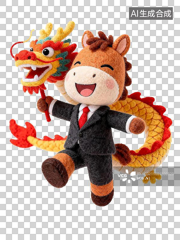 【AI数字艺术】马年可爱的3D毛毡拟人小马龙马精神，舞龙，马年，拜年，吉利图片素材