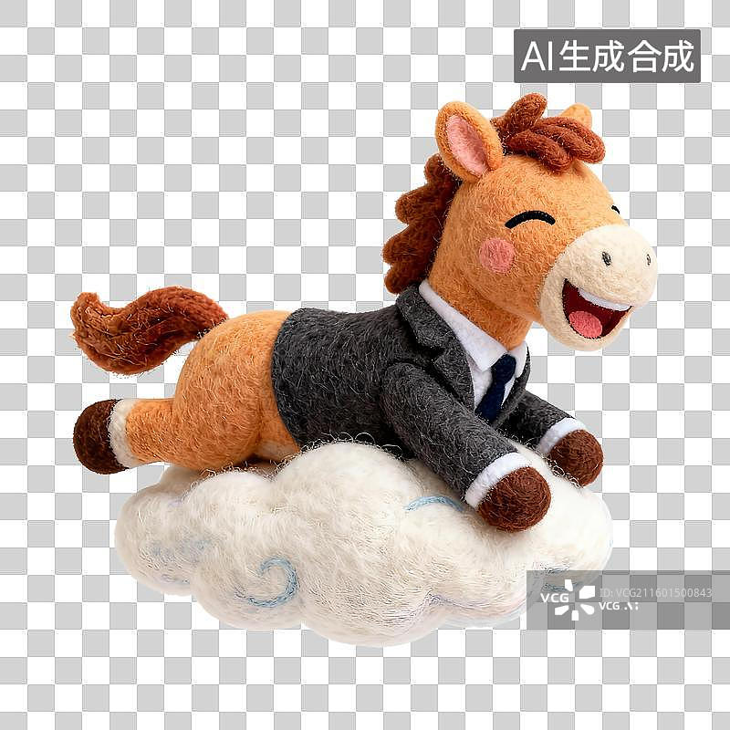 【AI数字艺术】马年可爱的毛毡拟人小马躺在云朵上美梦成真，马上发财，马上躺赢图片素材