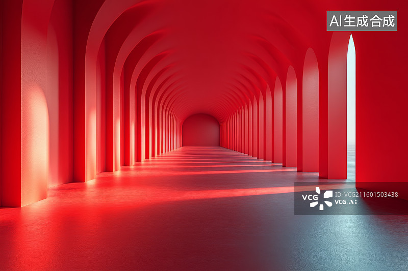 【AI数字艺术】红色拱廊通道的现代设计图片素材