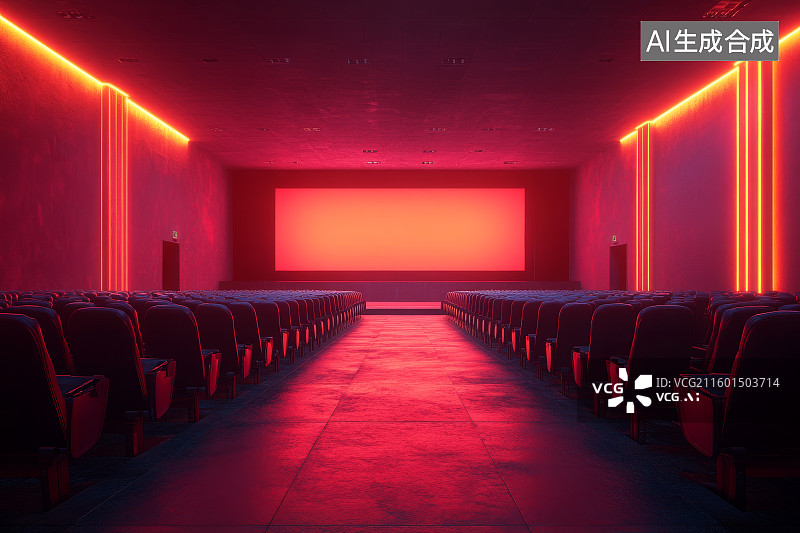 【AI数字艺术】霓虹灯映照的现代化电影院图片素材