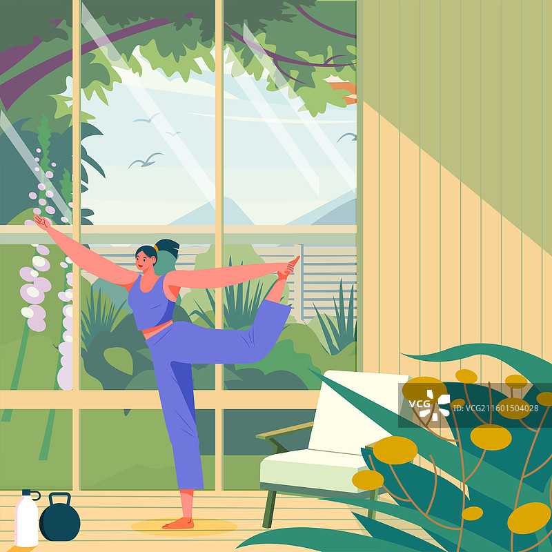 少女在植物阳光房中做瑜伽锻炼图片素材
