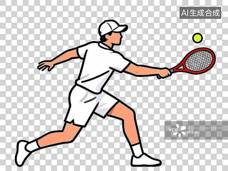 【AI数字艺术】网球运动员奔跑击球 红色球拍绿色网球 扁平化插画 免抠素材图片素材
