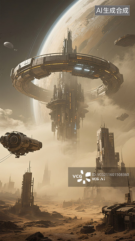 【AI数字艺术】未来末日世界漂浮在太空中的城市科幻废土风壁纸图片素材