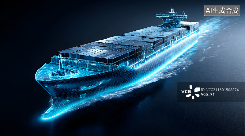 【AI数字艺术】一艘卡通轮船发出蓝色的光芒图片素材