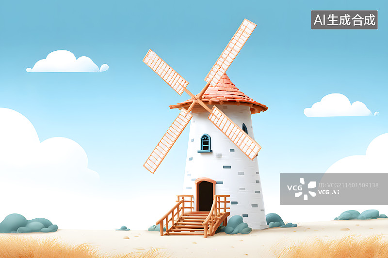 【AI数字艺术】一个卡通风车磨坊插画图片素材