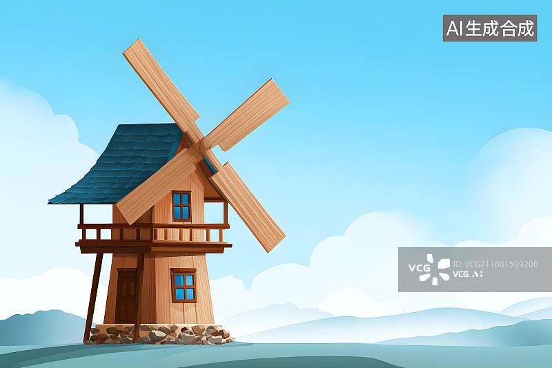 【AI数字艺术】一个卡通风车磨坊插画图片素材