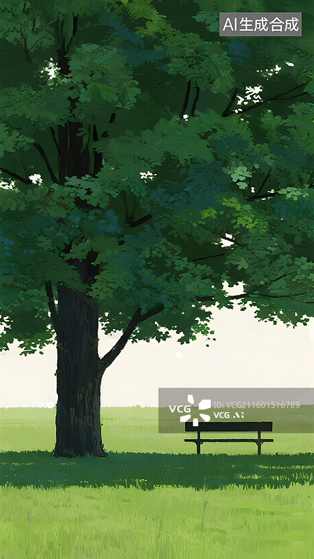 【AI数字艺术】油画风格，绿色的草地、茂密的大树和椅子图片素材