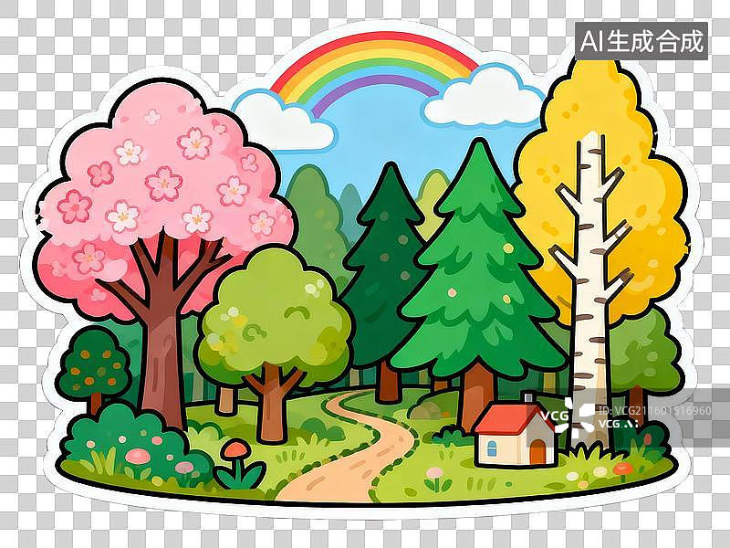 【AI数字艺术】春天彩虹樱花森林田园风光免抠素材图片素材