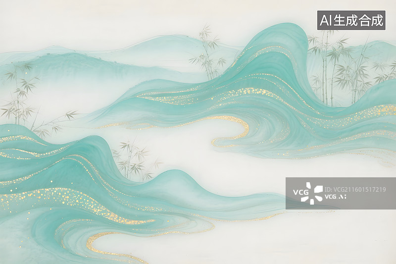 【AI数字艺术】中国山水画作，水墨青绿山水竹子图片素材