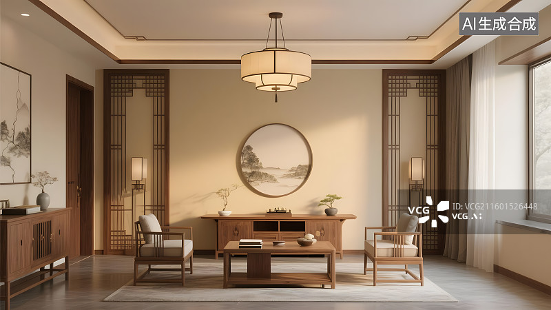 【AI数字艺术】新中式客厅装修效果图图片素材
