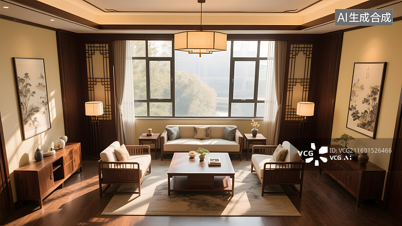 【AI数字艺术】新中式客厅装修效果图图片素材
