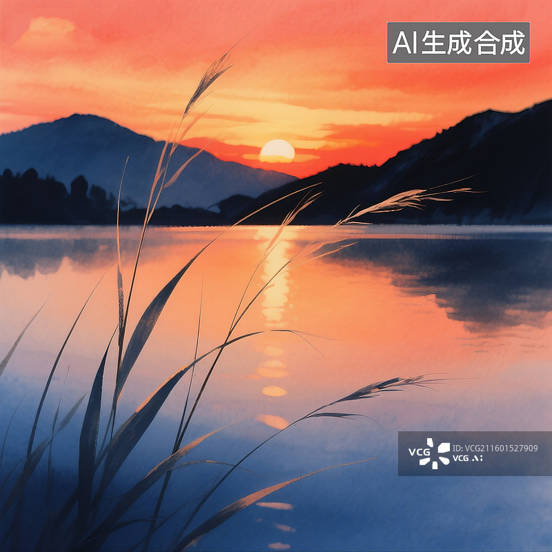 【AI数字艺术】水墨画水彩晕染，纤细的草茎特写作为前景轮廓，逆光使草叶呈现半透明质感，背景为壮丽日落场景，橙红色渐变图片素材