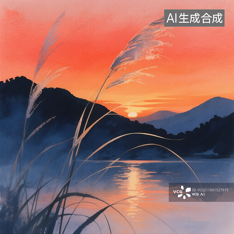 【AI数字艺术】水墨画水彩晕染，纤细的草茎特写作为前景轮廓，逆光使草叶呈现半透明质感，背景为壮丽日落场景，橙红色渐变图片素材