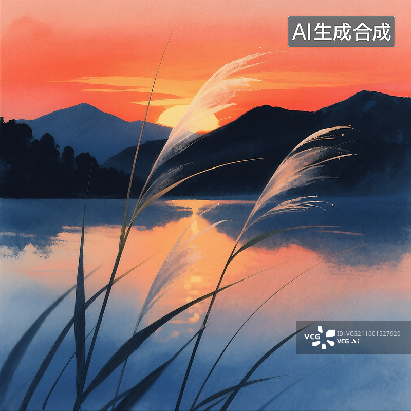 【AI数字艺术】水墨画水彩晕染，纤细的草茎特写作为前景轮廓，逆光使草叶呈现半透明质感，背景为壮丽日落场景，橙红色渐变图片素材