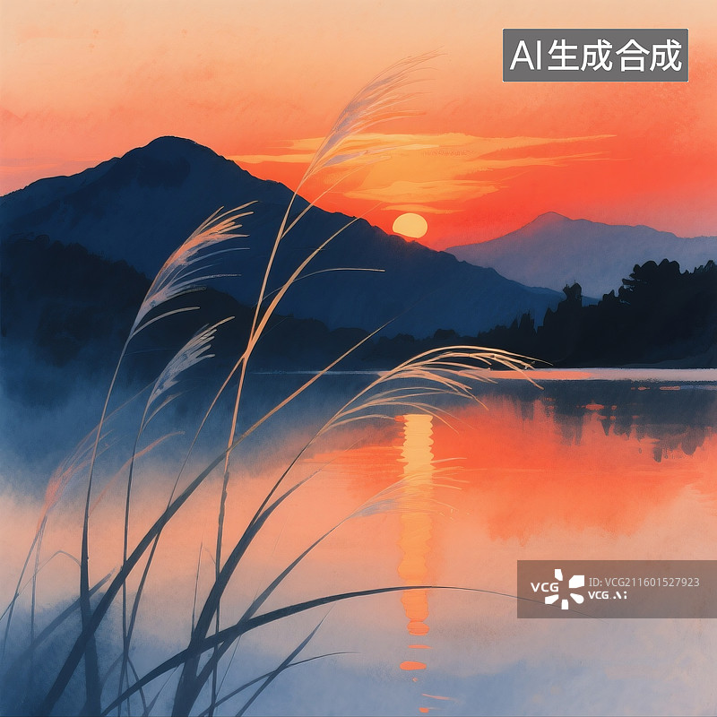 【AI数字艺术】水墨画水彩晕染，纤细的草茎特写作为前景轮廓，逆光使草叶呈现半透明质感，背景为壮丽日落场景，橙红色渐变图片素材