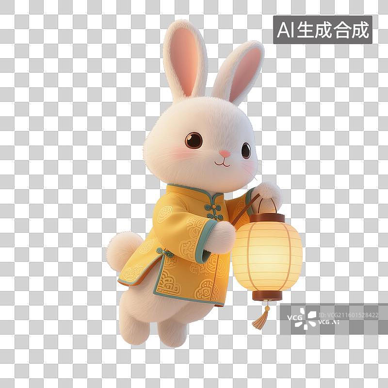 【AI数字艺术】3D渲染中国风卡通动物，可爱卡通小兔子，白兔拿着灯笼，传统服饰，玉兔，中秋节，八月十五免抠素材图片素材